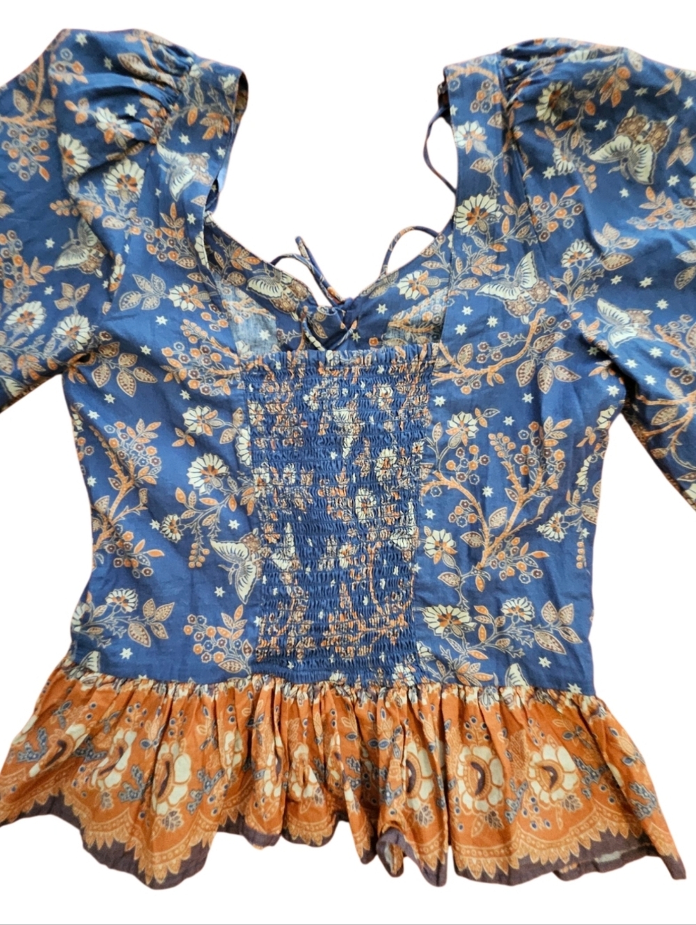 Boho Floral Ruffle Women’s Top - Blue & Orange-Size Medium-NWOT - Picture 9 of 12